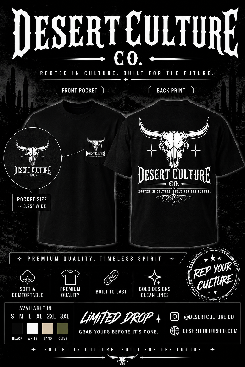 Desert Culture Co. Rooted in Culture Tee — front pocket and back print shown on black shirt, available in black, white, sand, and olive